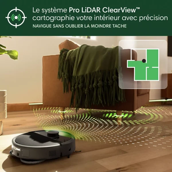 aspirateur robot irobot roomba plus 505 n185040les points clés autonomie : 1 h 45 – temps de charge : 3 h sac à poussière (station) : 1,7 l – bac à poussière (robot) : 295ml puissance d’aspiration : 7 000 pascals – niveau sonore : non communiqué hauteur du robot : 10,60 cm – hauteur du seuil : 2,0 cm le + : doté de l’intelligence artificielle pour détecter et éviter en temps réel les objets et obstacles