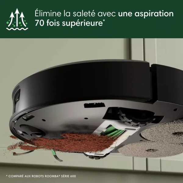 aspirateur robot irobot roomba plus 505 n185040les points clés autonomie : 1 h 45 – temps de charge : 3 h sac à poussière (station) : 1,7 l – bac à poussière (robot) : 295ml puissance d’aspiration : 7 000 pascals – niveau sonore : non communiqué hauteur du robot : 10,60 cm – hauteur du seuil : 2,0 cm le + : doté de l’intelligence artificielle pour détecter et éviter en temps réel les objets et obstacles